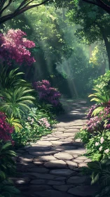 Luminescent Forest Pathway with Magenta Bougainvillea Plantings