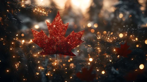 Sparkling maple star drifting through winter fairy lights.