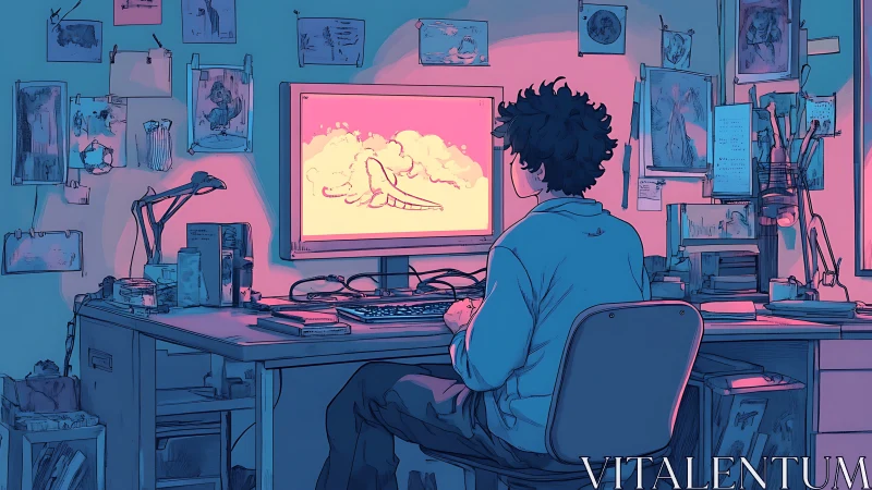 Late-night creator dreaming up worlds at a glowing desk.