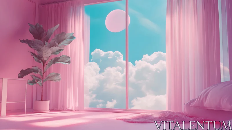 Pink interior bedroom with plant and surreal sky view.