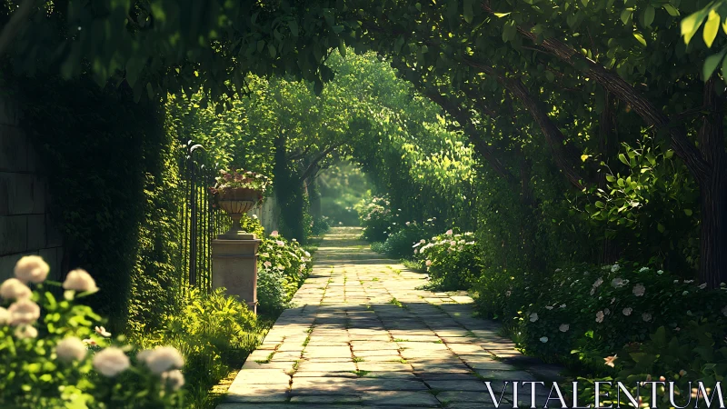 Sunlit garden walkway forms tunnel under dense green arches