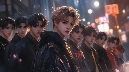 Stylish boy band stands poised in neon city drizzle at night.