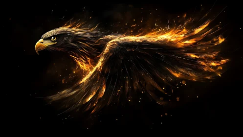 Majestic eagle in fiery flames, digital fantasy art style.
