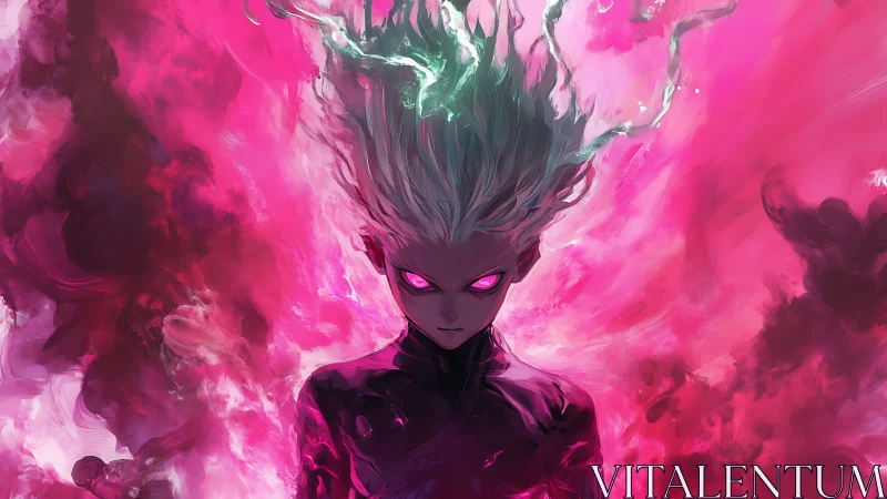 Psychedelic energy avatar emerges from neon magenta stormfield