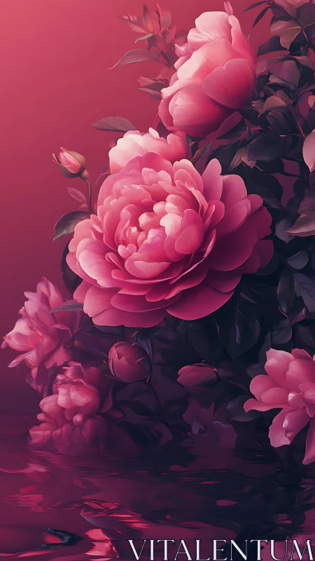 Pink peonies rendered with volumetric light and color gradient techniques.