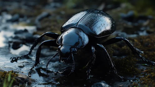 Midnight beetle strides across a glistening forest stream.