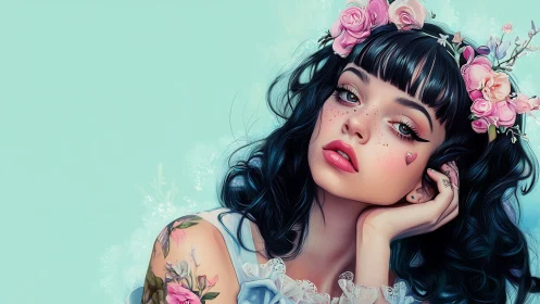 Digital portrait of floral-adorned girl with stylized freckles and tattoos