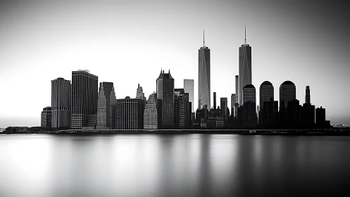 Monochrome waterfront skyline with mirrored high-rises.