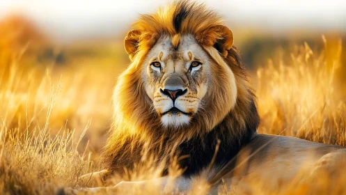 Lion lies in sunlit savanna grass under warm backlighting