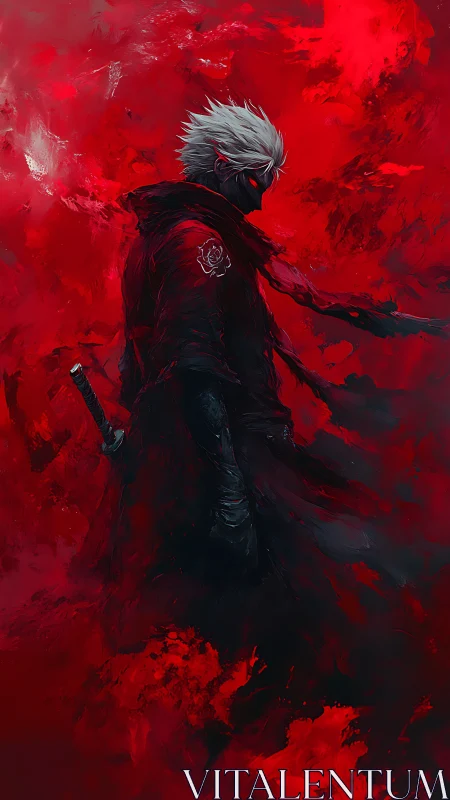 Crimson storm wanderer with silver hair and sleeping blade.