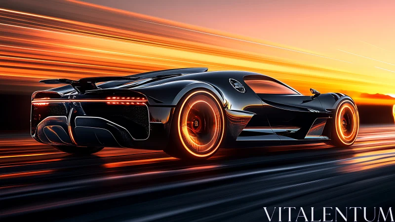 Futuristic black hypercar racing through neon sunset blaze.