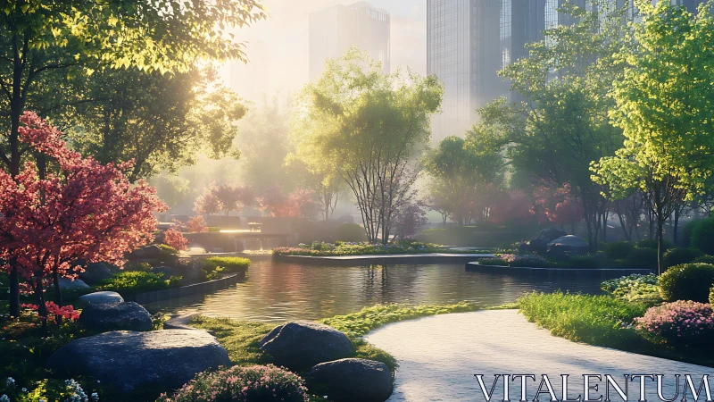Sunlit city garden pond offering a gentle urban escape.