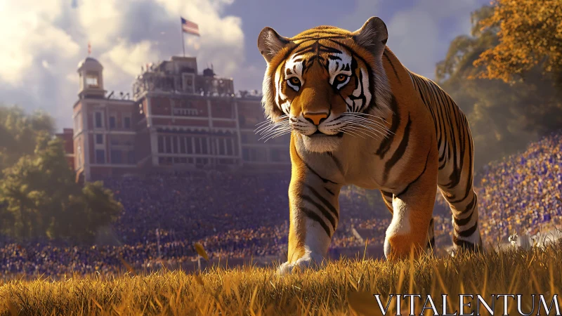 Tiger on stadium field amid large crowd and grandstand.