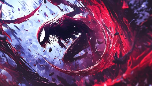 Bloodlit symbiote slashes through a storm of shattering sky