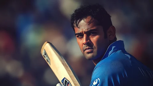 Focused cricket player holding bat in blue match jersey.