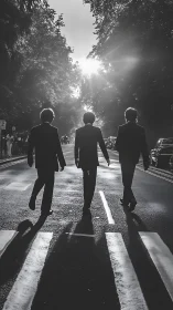 Silhouetted trio in suits stride through a sunlit city street.