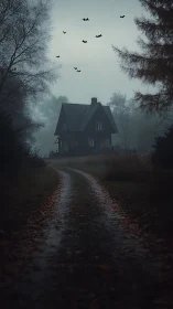 Isolated rural house stands at end of curved forest pathway