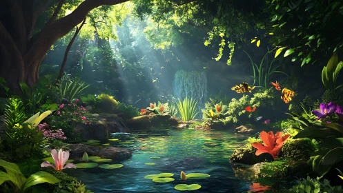 Enchanted forest pond shimmers beneath cascading light rays.