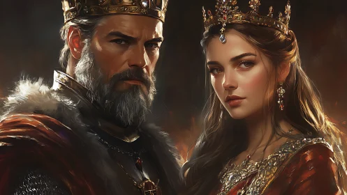 Middle-aged king and young queen stand in formal regalia