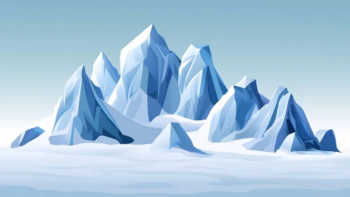 Polygonal ice mountain range stands on a flat frozen plain