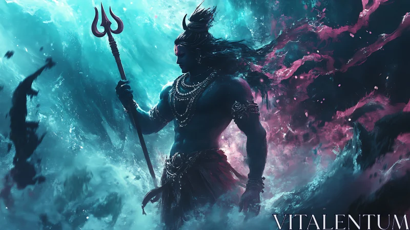 Mythic warrior silhouette in cyan and magenta tempest lighting.