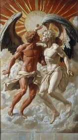 Two winged male figures in dramatic sunlit cloud scene.