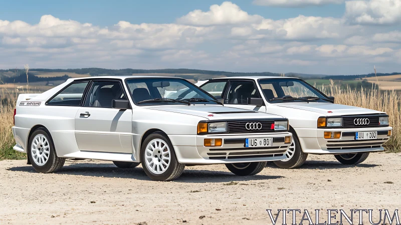 Classic white Audi Quattro coupes on rural gravel road