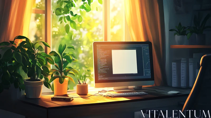 Sunlit home office desk shows monitor, plants, and window