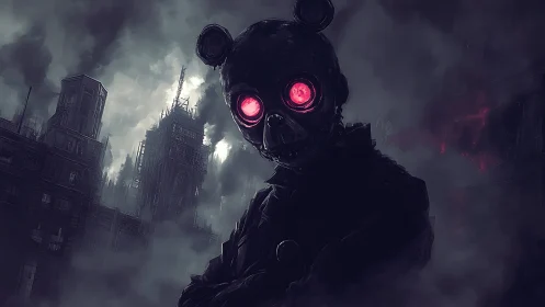 Gas-masked bear figure haunts a smog-soaked dystopian city.