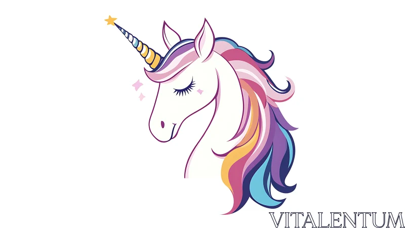 Gentle unicorn tilts its head with flowing rainbow mane