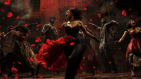 Fiery red-dressed dancer leading a powerful night carnival.