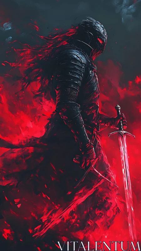 Armored dark knight stands in red flames holding sword