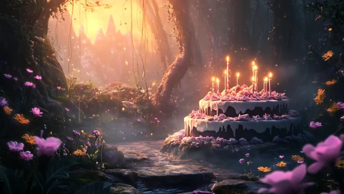 Enchanted Forest Cake Celebration in Glowing Mystical Cavern