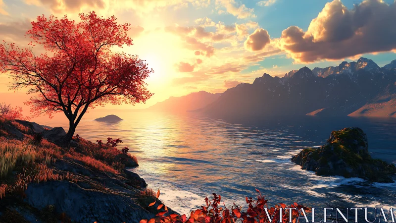 Radiant autumn tree above sunlit mountain coastline.