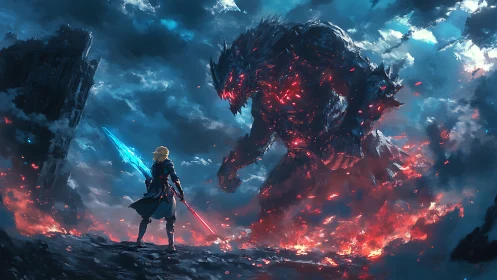 Heroic duel against colossal ember-lit monster amid storm