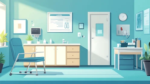 Modern medical examination room with chair and equipment.