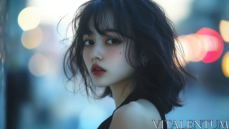 Soft neon dusk portrait with wistful city-lit gaze.