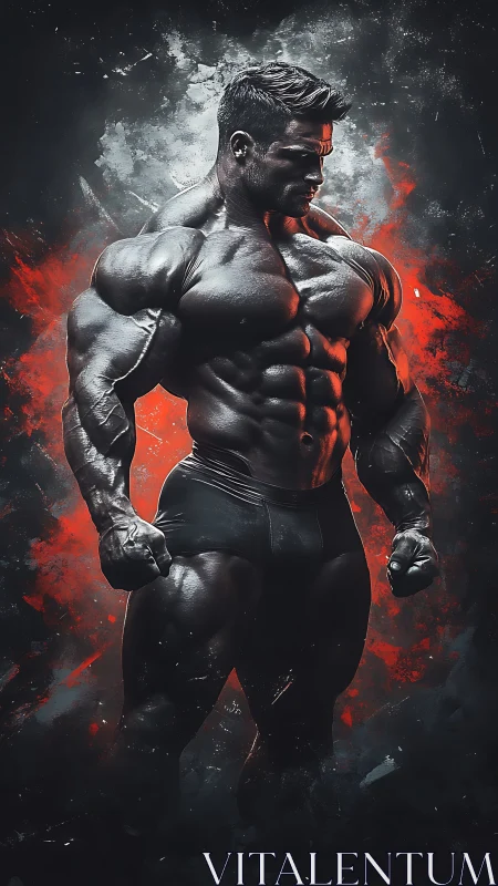 Titan of charcoal steel strides through molten red storm