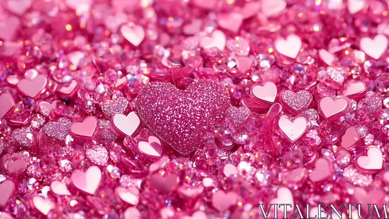 Glitter heart treasure nest amid dazzling pink confetti gems.