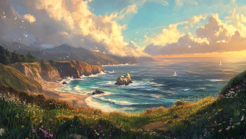 Sunlit coastal cliffs overlook turquoise waves and distant headlands