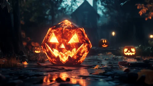 Faceted jack o lantern glows on rainy haunted pathway.