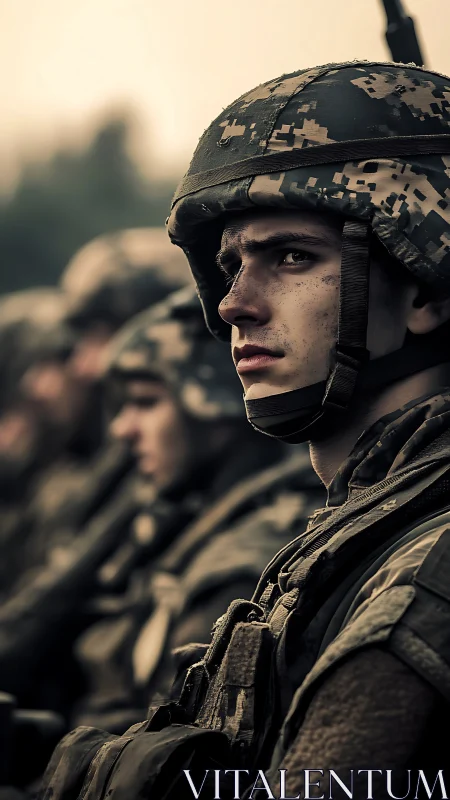 Soldier in modern camouflage gear among aligned troops.