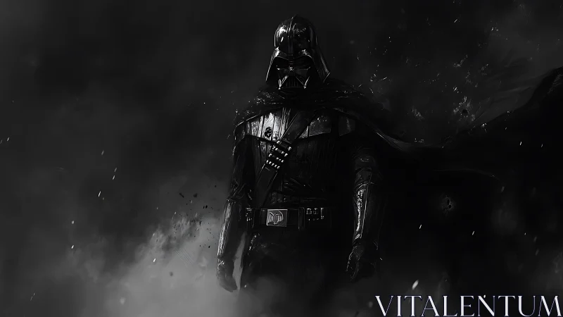 Dark armored figure in stormy monochrome digital scene.