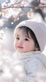 Porcelain Wonder Gazes Through Winter's Blossom-Draped Stillness