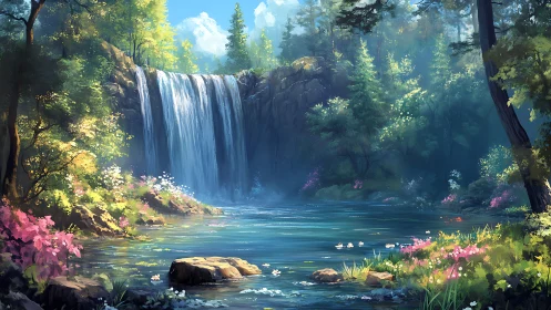 Forest waterfall scene with clear pool and flowers.