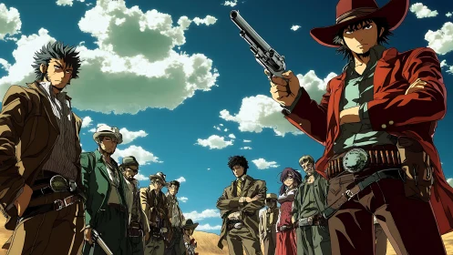 Wide-angle anime gunslinger standoff with multi-figure depth cues