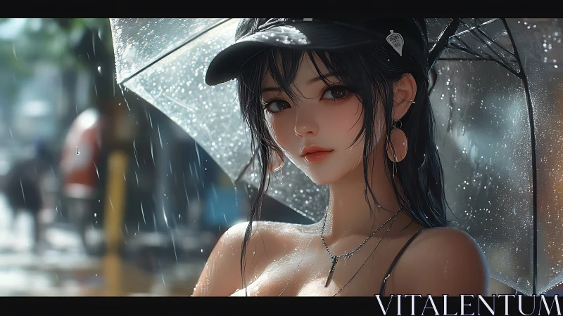 Rainy day glow with a thoughtful girl under clear umbrella.