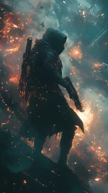 Armored hooded operative surveys burning sci-fi ruin in silhouette