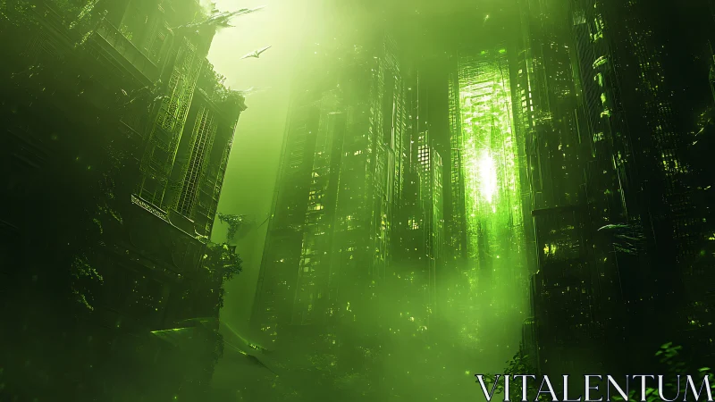 Emerald fog overgrown city where steel and vines breathe again.