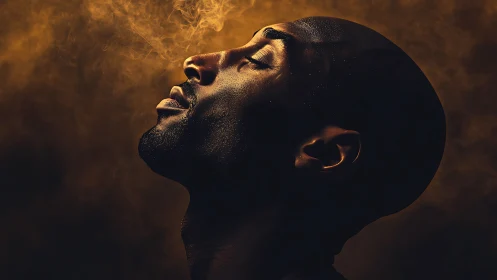 Golden ember breath rises around a serene profile.